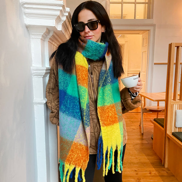 Multicolour Fringed Checked Knitted Scarf