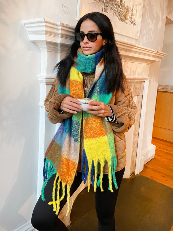 Multicolour Fringed Checked Knitted Scarf