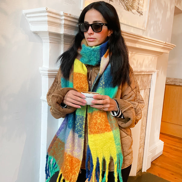 Multicolour Fringed Checked Knitted Scarf