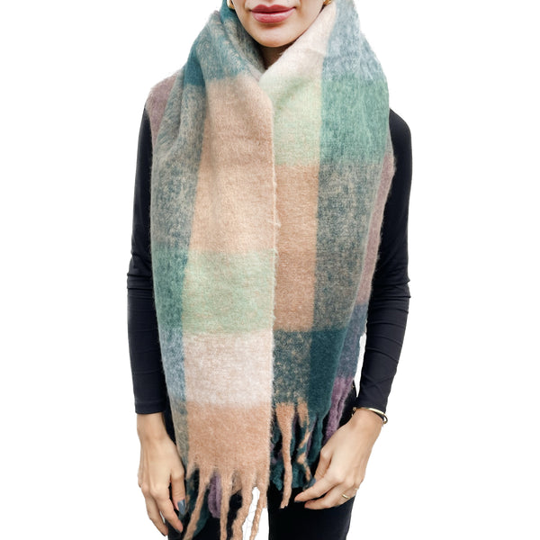 Multicolour Fringed Checked Knitted Scarf