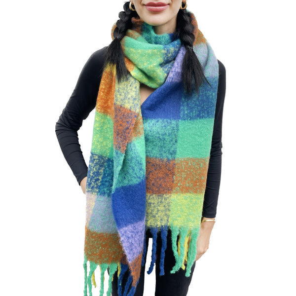 Multicolour Fringed Checked Knitted Scarf