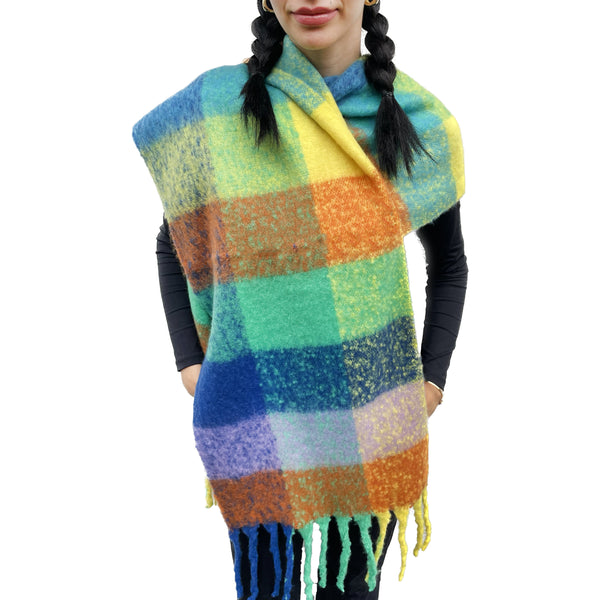 Multicolour Fringed Checked Knitted Scarf