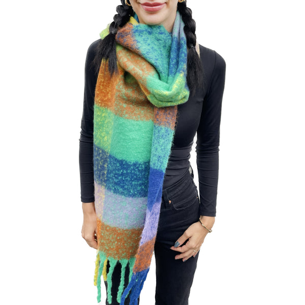 Multicolour Fringed Checked Knitted Scarf