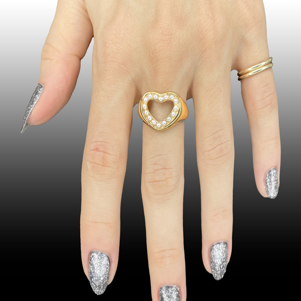 Stainless Steel Ring- Pearl Lined Heart