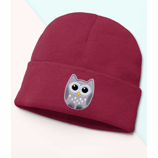 Grey Owl Beanie, Cozy winter beanie with elegant patterns, animal embroidery, soft knit beanie, plain colour beanies
