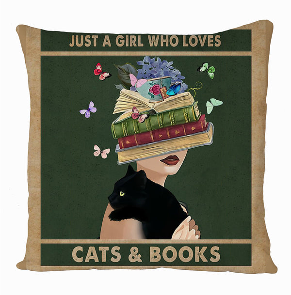 Just a Girl Who Loves Cats & Books Printed Cushion Cover, Gift Home Decoration, Graphic Design Cushion Covers
