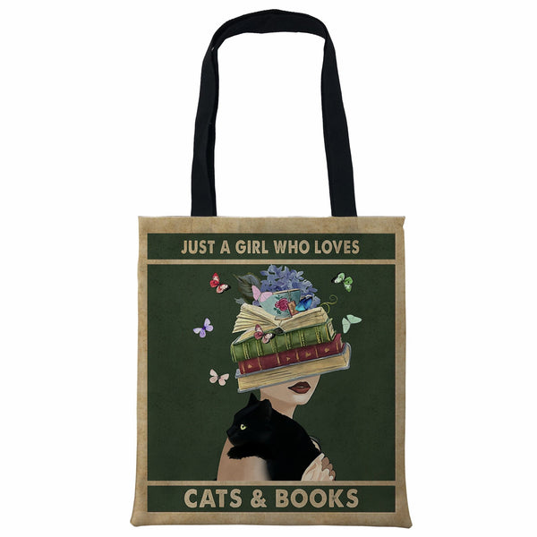Girl Who Loves Cats & Books Printed Tote Bag, Black Cat and Books Tote Bag
