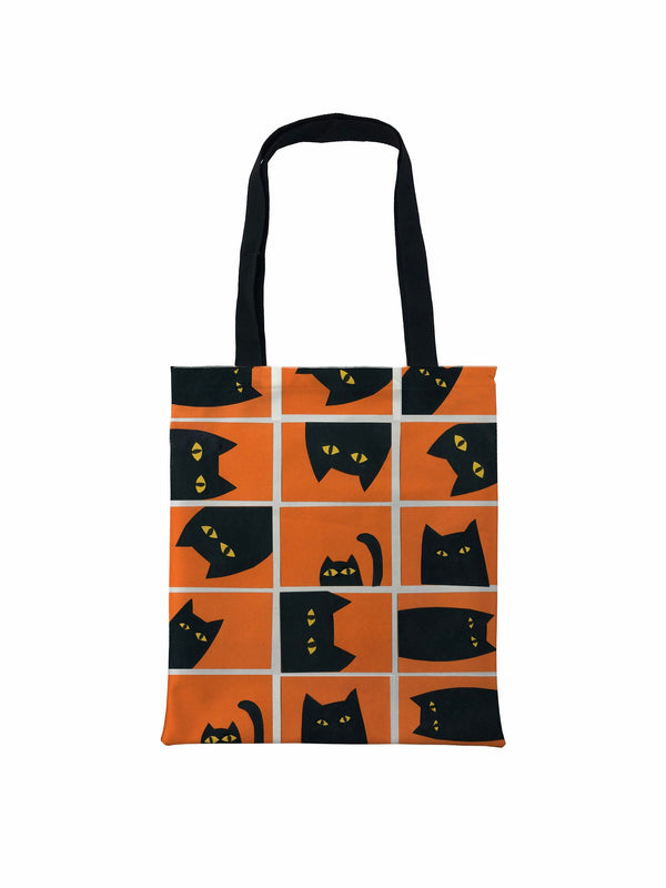 Black Cat Is Everywhere Orange Tote Bag, Funny Black Cat Tote Bag