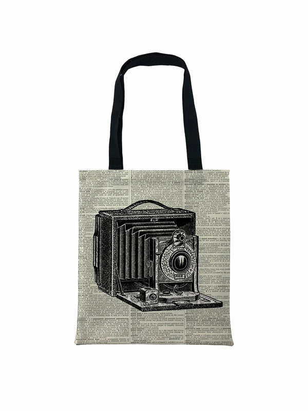 Vintage Camera, Newspaper Printed Tote Bag