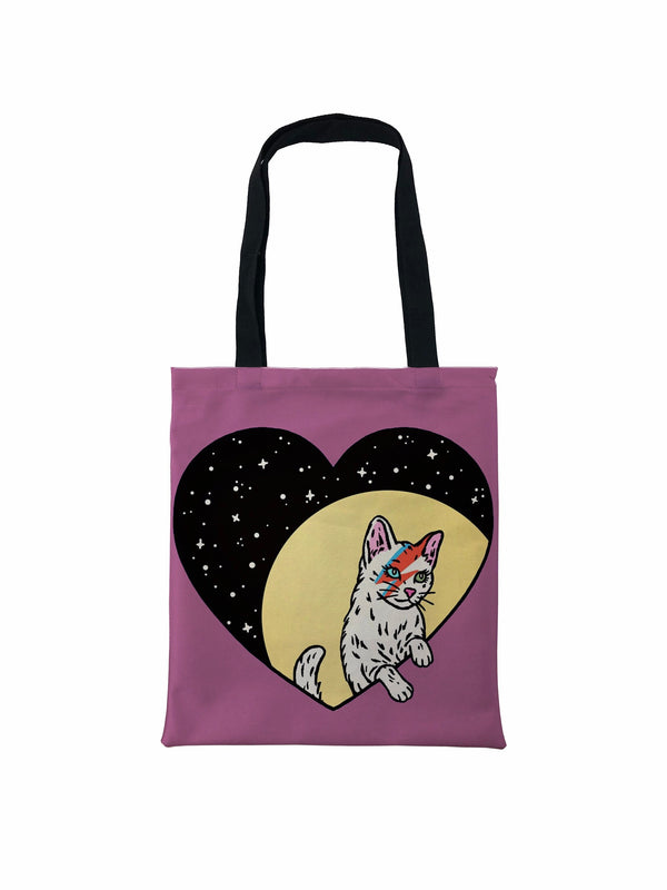 Bowie Cat in Heart Galaxy Tote Bag, Rebel Rebel Cat Tote Bag