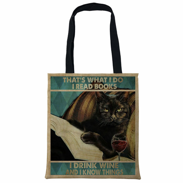 I Know Things Black Cat Reading Book Tote Bag, Grumpy Black Cat Tote Bag