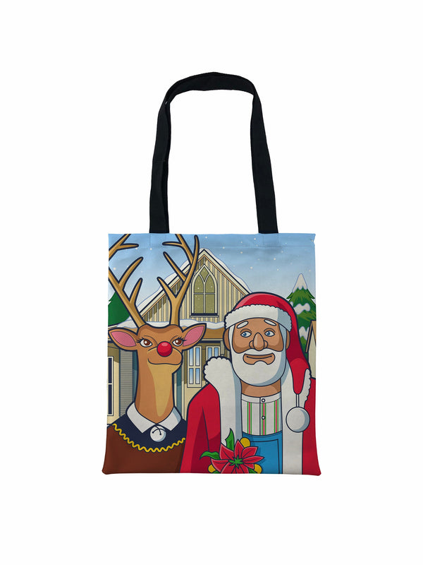 American Gothic Reindeer and Santa Christmas Tote Bag, American Gothic Grant Wood inspired Christmas  Tote Bag