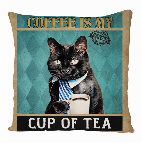 Coffee Is My Cup Of Tea Black Cat Cushion Cover, Grumpy Black Cat Cushion Cover
