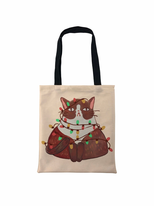 Grumpy Cat Christmas Lights Tote Bag, Cat Christmas Tote Bag