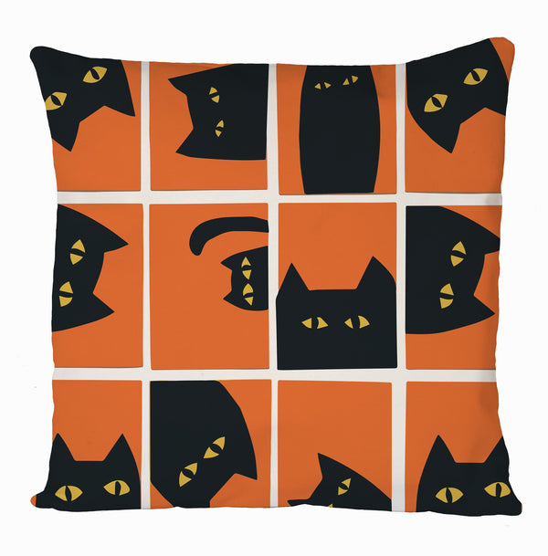Black Cat Design Orange Blocks Cushion Cover