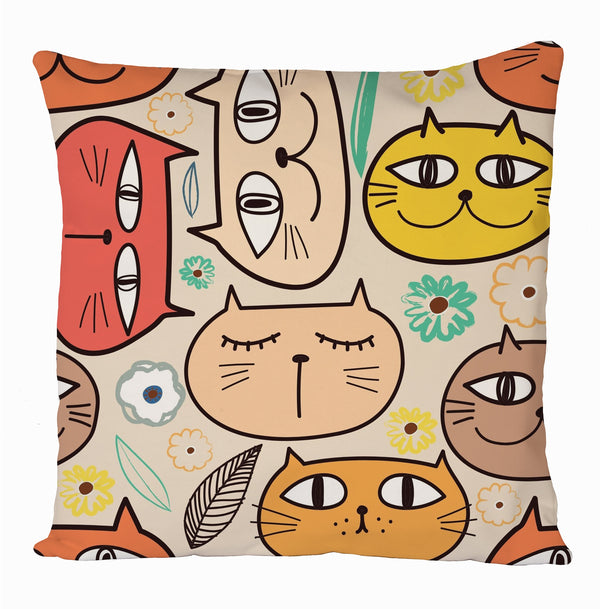 Cute Cats,Flovers, Cartoon Cats With Flowers All Over Printed Cushion Cover