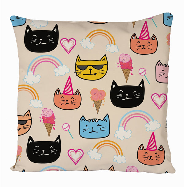 Cute Cats,Ice Cream And Rainbow, Cartoon Cats All Over Printed Cushion Cover