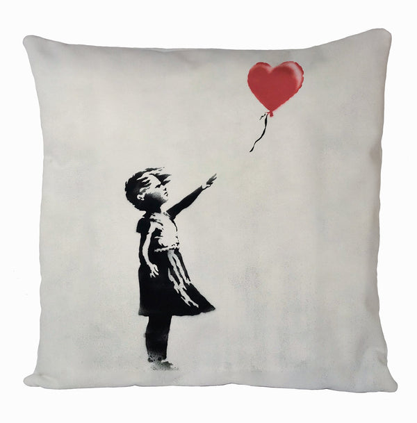 Banksy Girl with a Red Heart Balloon White Cushion Cover, Banksy Stencil All Over Printed Cushion Cover