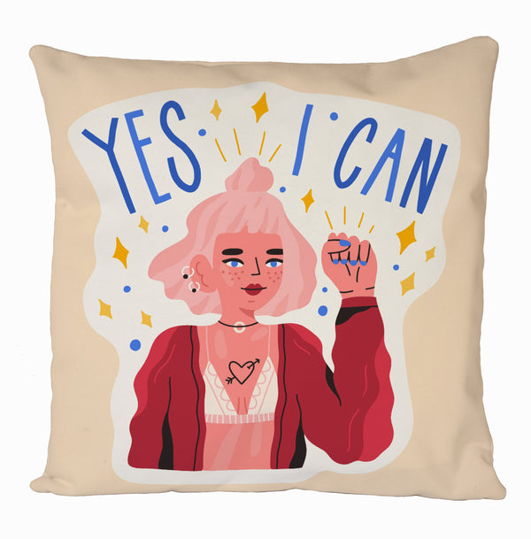 Yes I Can Cushion Cover, Positivity Girl Power Feminism Equality Printed Cushion Cover