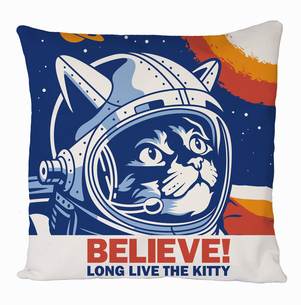 Astronaut Cat Felicette Cushion Cover, 'Believe! Long Live the Kitty' Cat Print, Gift Home Decoration, Graphic Design Cushion Covers