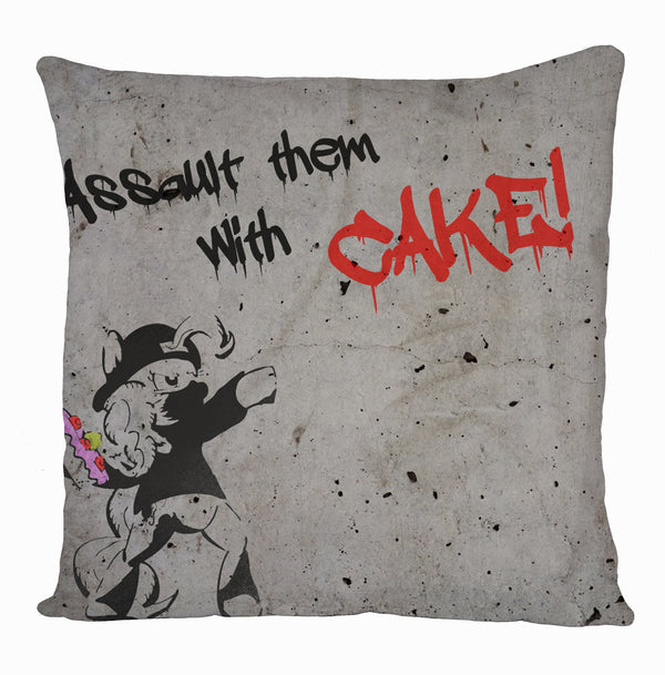 Banksy Assault them with Cake Stencil Cushion Cover, Banksy Art Printed Cushion Cover