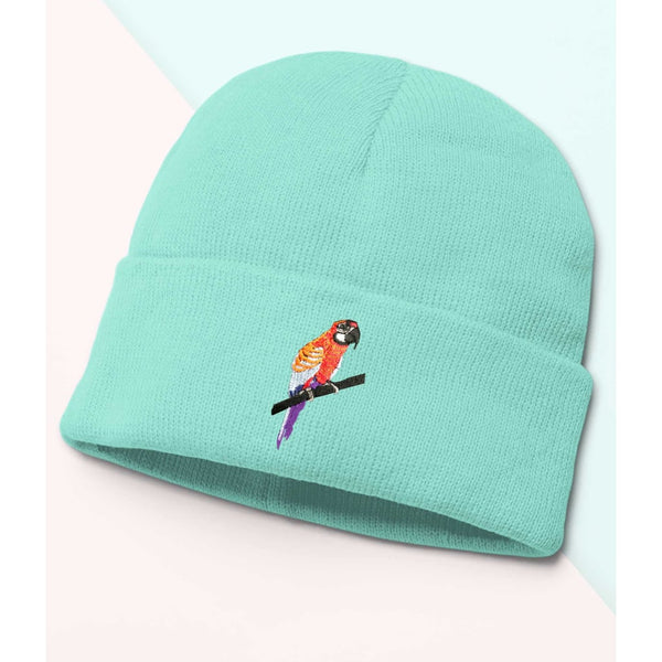 Parrot Beanie, Cozy winter beanie with elegant patterns, animal embroidery, soft knit beanie, plain colour beanies