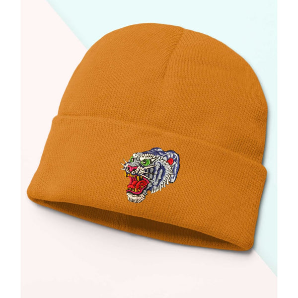 Tiger Beanie, Cozy winter beanie with elegant patterns, animal embroidery, soft knit beanie, plain colour beanies