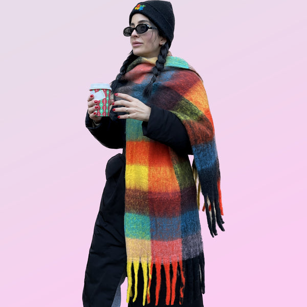 Multicolour Fringed Checked Knitted Scarf