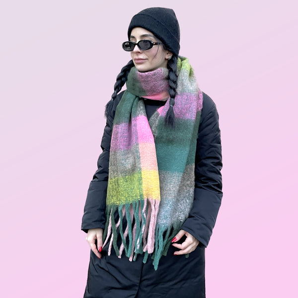 Multicolour Fringed Checked Knitted Scarf